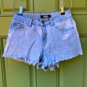 Distressed striped denim high waisted shorts